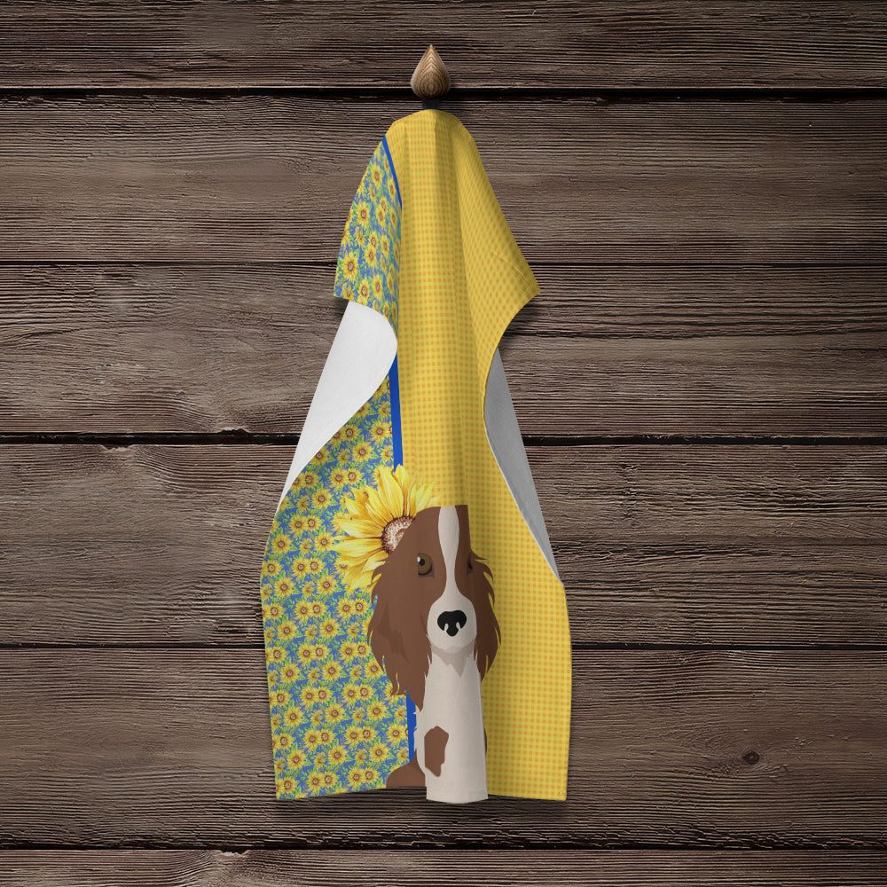 Summer Sunflowers Longhair Red Pedbald Dachshund Kitchen Towel Velour Plush Front and Cotton Loop Back Machine Washable