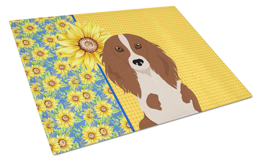 Summer Sunflowers Longhair Red Pedbald Dachshund Cutting Board Tempered Glass Kitchen Cutting Surface, Heat Resistant Chopping, Non-Slip Feet, Food Prep & Serving