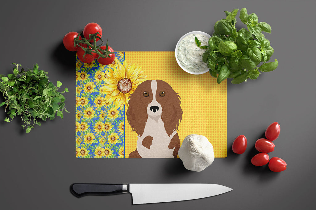 Summer Sunflowers Longhair Red Pedbald Dachshund Cutting Board Tempered Glass Kitchen Cutting Surface, Heat Resistant Chopping, Non-Slip Feet, Food Prep & Serving
