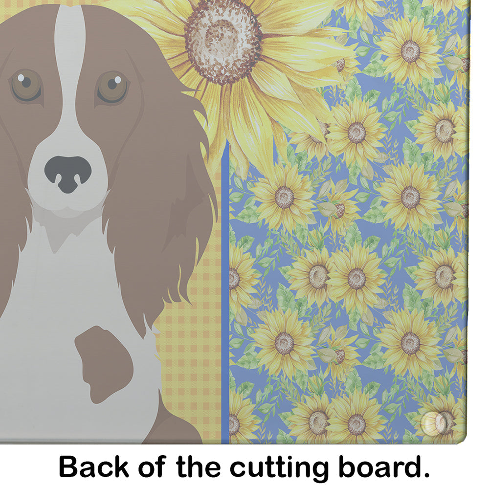 Summer Sunflowers Longhair Red Pedbald Dachshund Cutting Board Tempered Glass Kitchen Cutting Surface, Heat Resistant Chopping, Non-Slip Feet, Food Prep & Serving