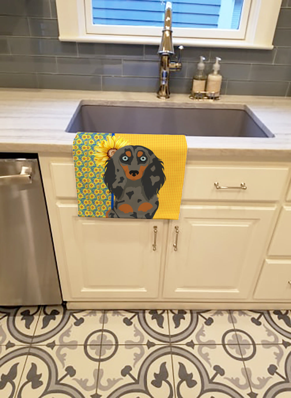 Summer Sunflowers Longhair Blue and Tan Dapple Dachshund Kitchen Towel Velour Plush Front and Cotton Loop Back Machine Washable