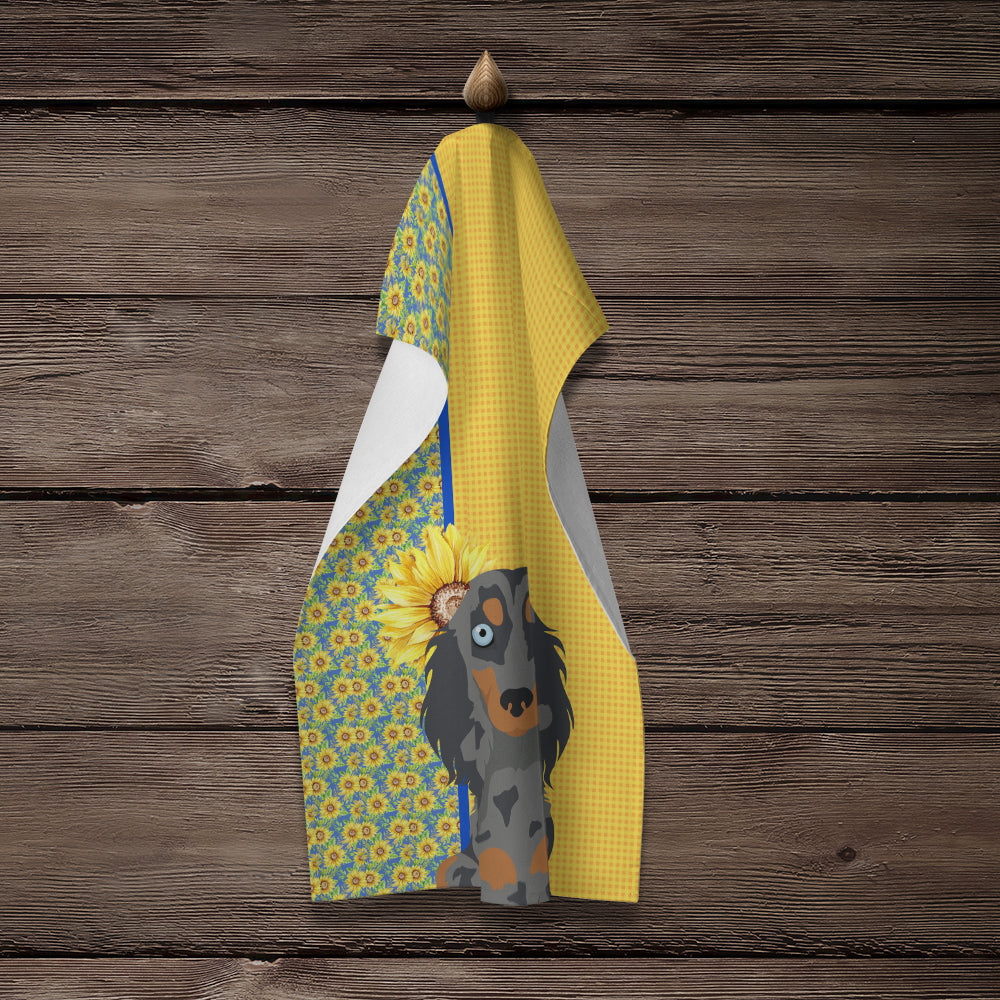 Summer Sunflowers Longhair Blue and Tan Dapple Dachshund Kitchen Towel Velour Plush Front and Cotton Loop Back Machine Washable