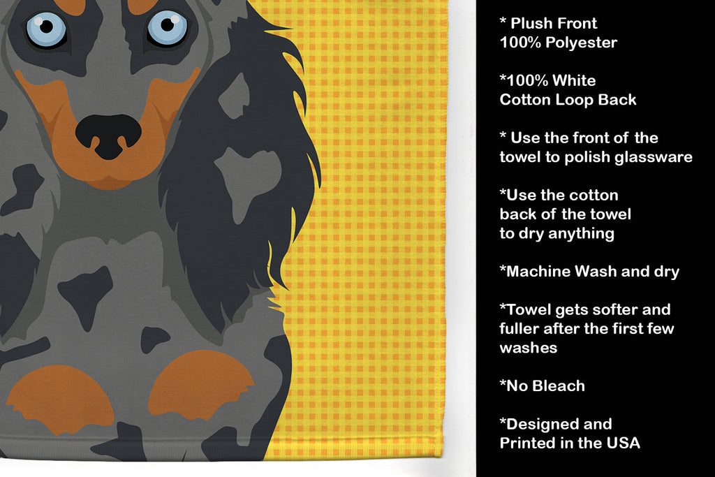 Summer Sunflowers Longhair Blue and Tan Dapple Dachshund Kitchen Towel Velour Plush Front and Cotton Loop Back Machine Washable