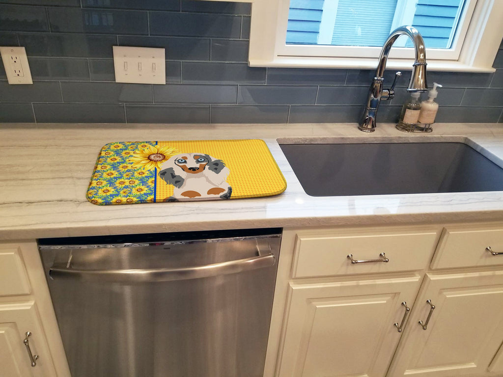Summer Sunflowers Longhair Cream Dapple Dachshund Dish Drying Mat Absorbent Dish Drying Mat Pad for Kitchen Counter Dish Drainer Mat for Countertop, 14 x 21", Multicolor