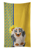 Summer Sunflowers Longhair Cream Dapple Dachshund Kitchen Towel Velour Plush Front and Cotton Loop Back Machine Washable
