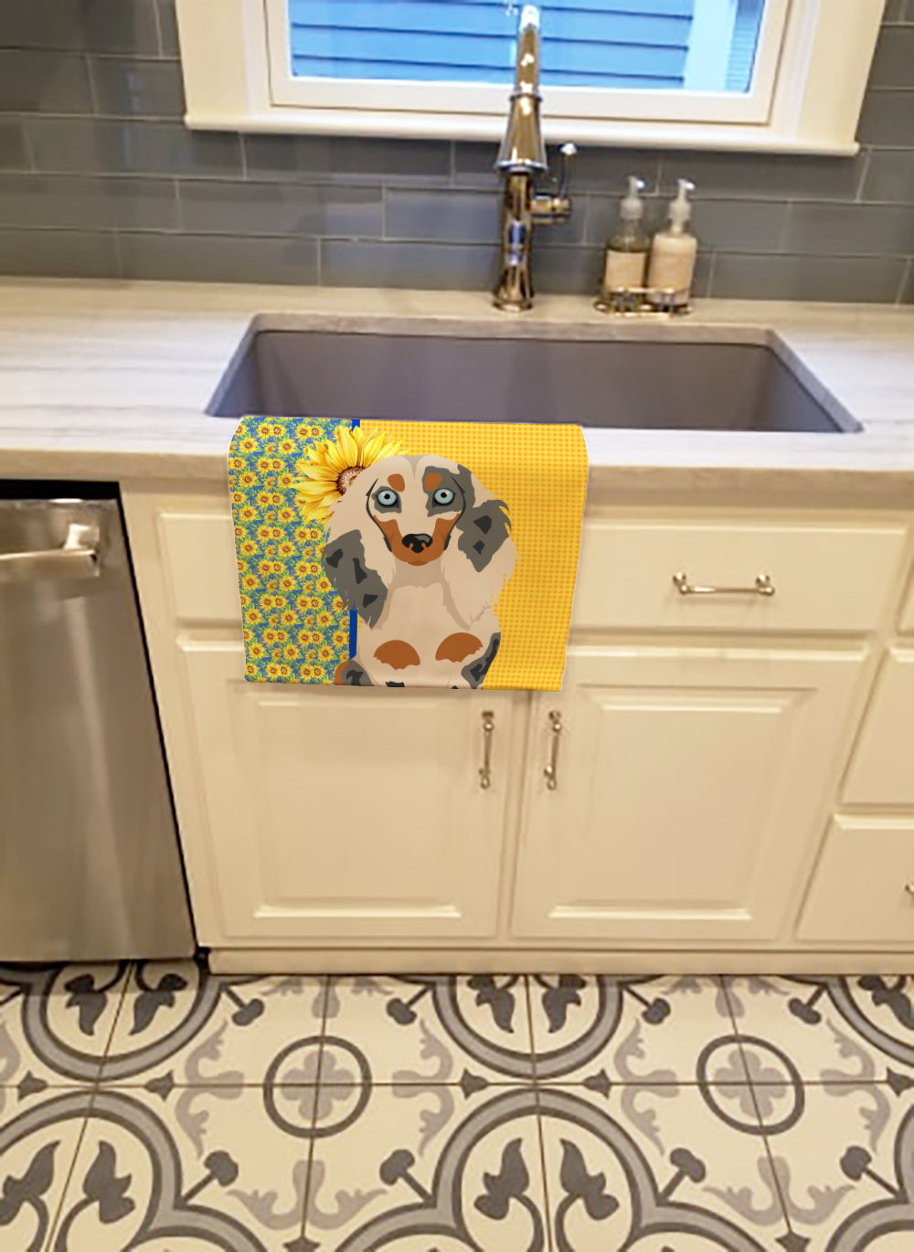 Summer Sunflowers Longhair Cream Dapple Dachshund Kitchen Towel Velour Plush Front and Cotton Loop Back Machine Washable