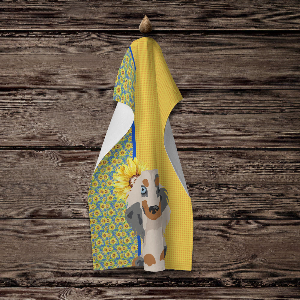 Summer Sunflowers Longhair Cream Dapple Dachshund Kitchen Towel Velour Plush Front and Cotton Loop Back Machine Washable