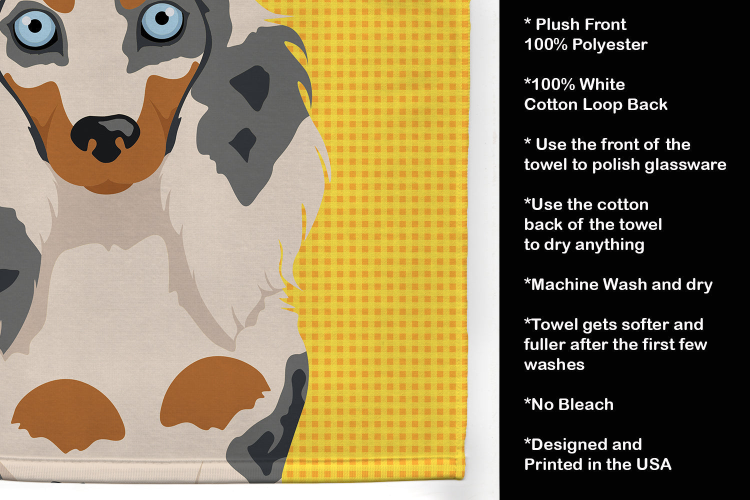 Summer Sunflowers Longhair Cream Dapple Dachshund Kitchen Towel Velour Plush Front and Cotton Loop Back Machine Washable