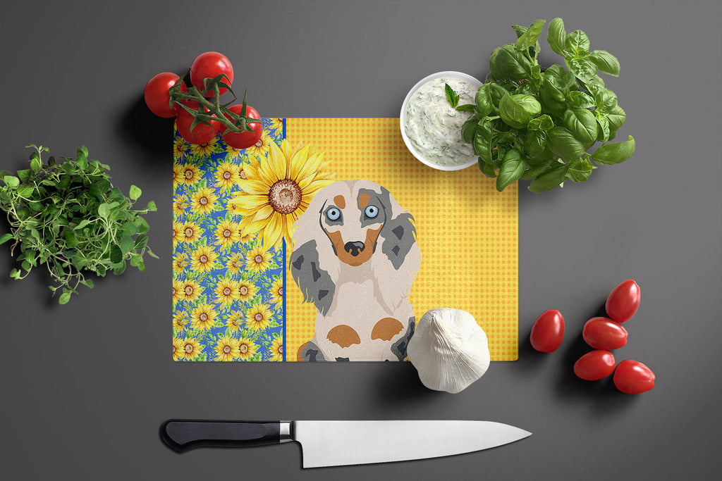 Summer Sunflowers Longhair Cream Dapple Dachshund Cutting Board Tempered Glass Kitchen Cutting Surface, Heat Resistant Chopping, Non-Slip Feet, Food Prep & Serving