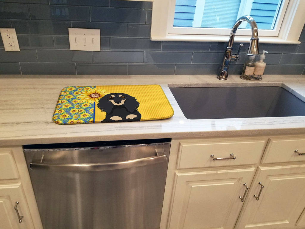 Summer Sunflowers Longhair Black and Cream Dachshund Dish Drying Mat Absorbent Dish Drying Mat Pad for Kitchen Counter Dish Drainer Mat for Countertop, 14 x 21", Multicolor