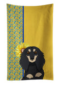 Summer Sunflowers Longhair Black and Cream Dachshund Kitchen Towel Velour Plush Front and Cotton Loop Back Machine Washable