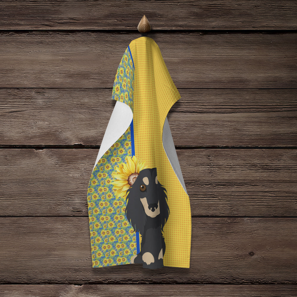 Summer Sunflowers Longhair Black and Cream Dachshund Kitchen Towel Velour Plush Front and Cotton Loop Back Machine Washable