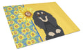 Summer Sunflowers Longhair Black and Cream Dachshund Cutting Board Tempered Glass Kitchen Cutting Surface, Heat Resistant Chopping, Non-Slip Feet, Food Prep & Serving