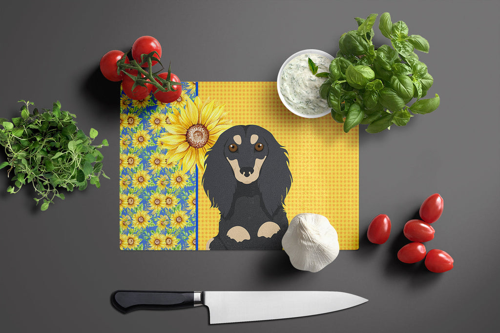 Summer Sunflowers Longhair Black and Cream Dachshund Cutting Board Tempered Glass Kitchen Cutting Surface, Heat Resistant Chopping, Non-Slip Feet, Food Prep & Serving