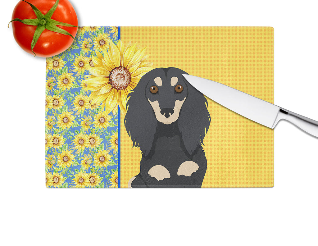 Summer Sunflowers Longhair Black and Cream Dachshund Cutting Board Tempered Glass Kitchen Cutting Surface, Heat Resistant Chopping, Non-Slip Feet, Food Prep & Serving