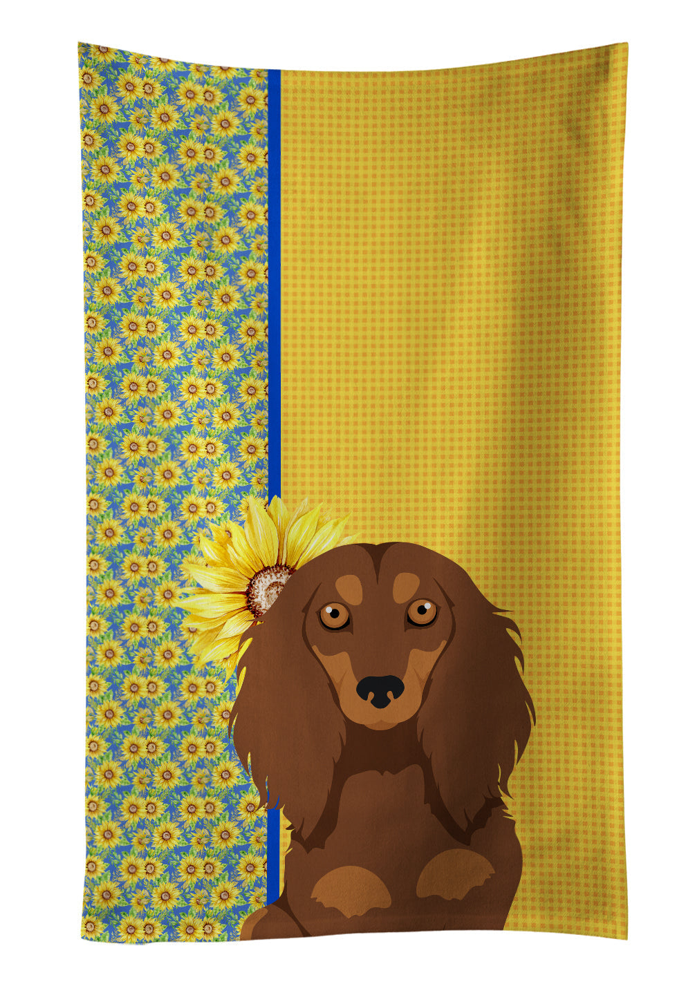 Summer Sunflowers Longhair Chocolate and Tan Dachshund Kitchen Towel Velour Plush Front and Cotton Loop Back Machine Washable