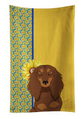 Summer Sunflowers Longhair Chocolate and Tan Dachshund Kitchen Towel Velour Plush Front and Cotton Loop Back Machine Washable