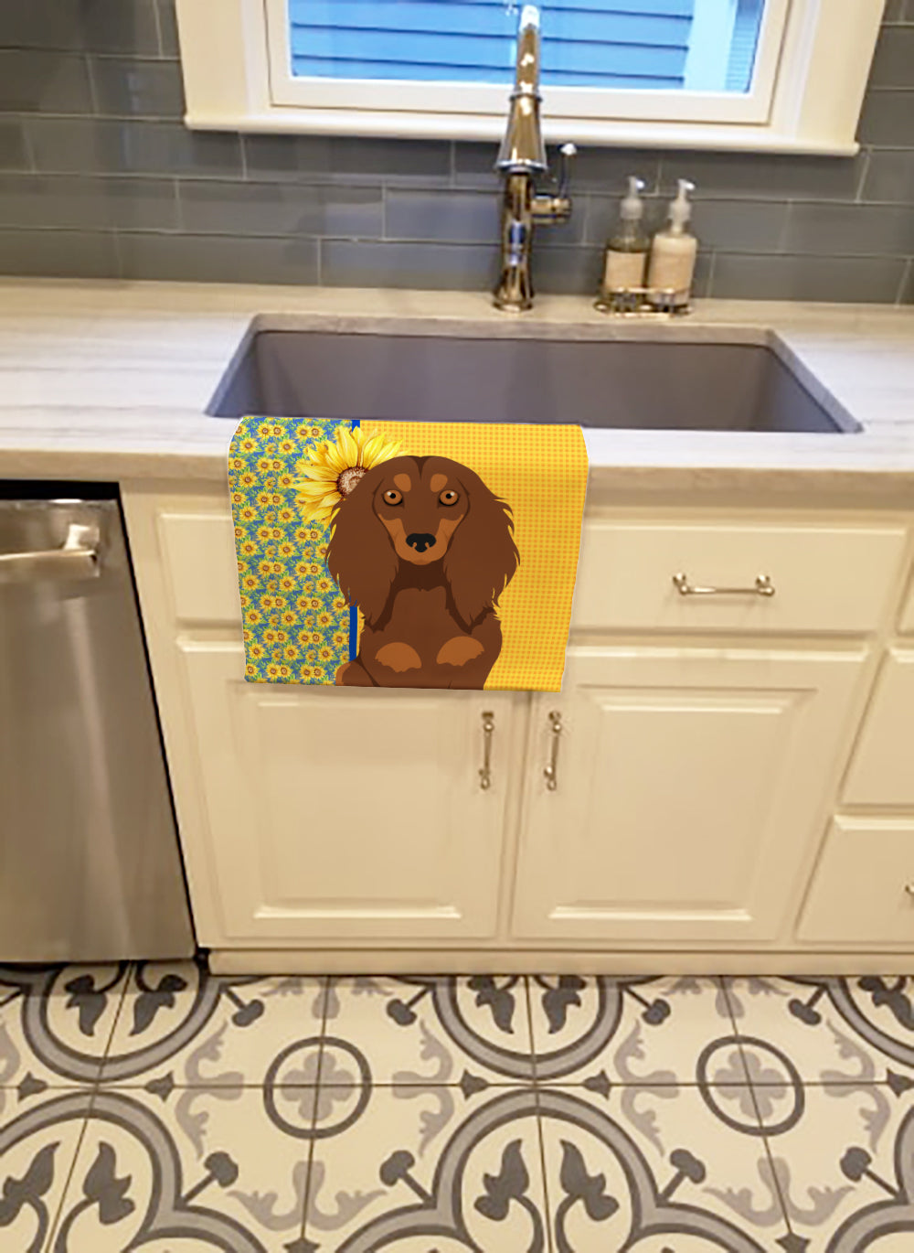 Summer Sunflowers Longhair Chocolate and Tan Dachshund Kitchen Towel Velour Plush Front and Cotton Loop Back Machine Washable