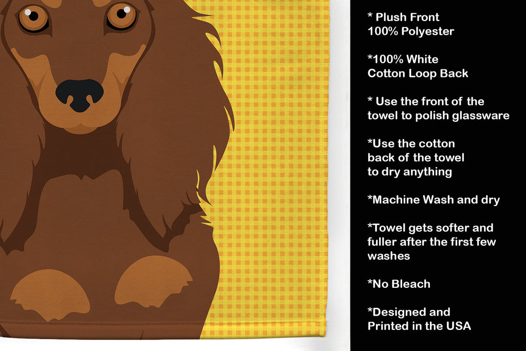 Summer Sunflowers Longhair Chocolate and Tan Dachshund Kitchen Towel Velour Plush Front and Cotton Loop Back Machine Washable