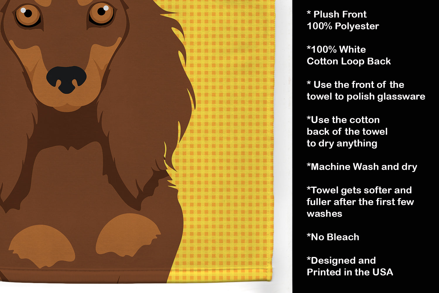 Summer Sunflowers Longhair Chocolate and Tan Dachshund Kitchen Towel Velour Plush Front and Cotton Loop Back Machine Washable