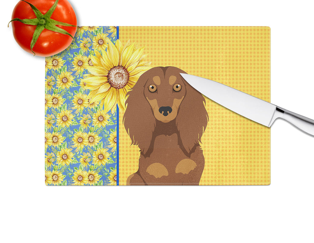 Summer Sunflowers Longhair Chocolate and Tan Dachshund Cutting Board Tempered Glass Kitchen Cutting Surface, Heat Resistant Chopping, Non-Slip Feet, Food Prep & Serving