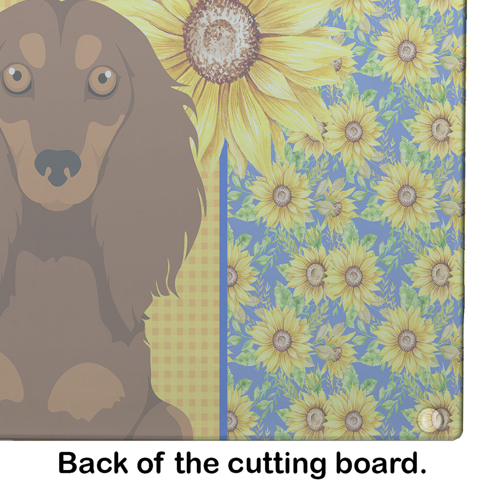 Summer Sunflowers Longhair Chocolate and Tan Dachshund Cutting Board Tempered Glass Kitchen Cutting Surface, Heat Resistant Chopping, Non-Slip Feet, Food Prep & Serving