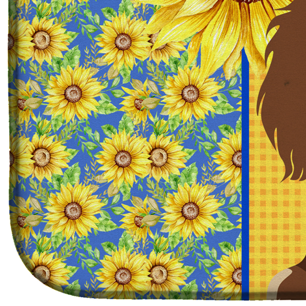 Summer Sunflowers Longhair Chocolate and Cream Dachshund Dish Drying Mat Absorbent Dish Drying Mat Pad for Kitchen Counter Dish Drainer Mat for Countertop, 14 x 21", Multicolor