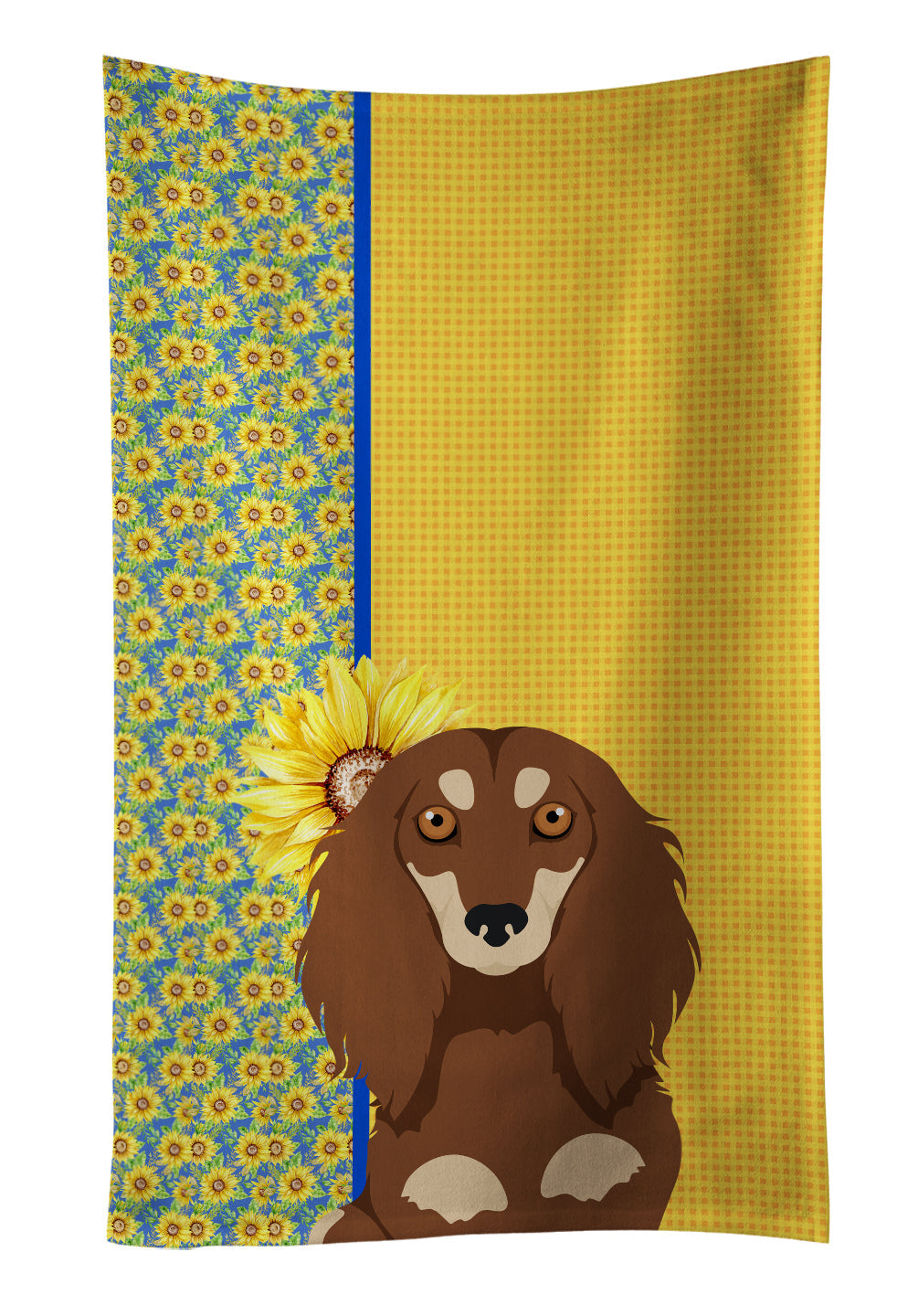 Summer Sunflowers Longhair Chocolate and Cream Dachshund Kitchen Towel Velour Plush Front and Cotton Loop Back Machine Washable