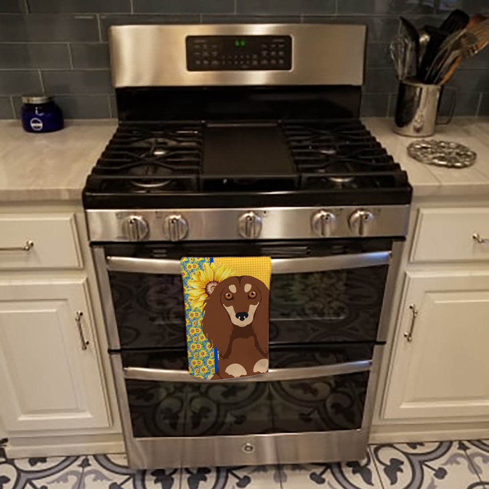 Summer Sunflowers Longhair Chocolate and Cream Dachshund Kitchen Towel Velour Plush Front and Cotton Loop Back Machine Washable