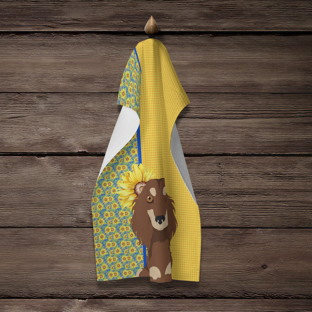 Summer Sunflowers Longhair Chocolate and Cream Dachshund Kitchen Towel Velour Plush Front and Cotton Loop Back Machine Washable