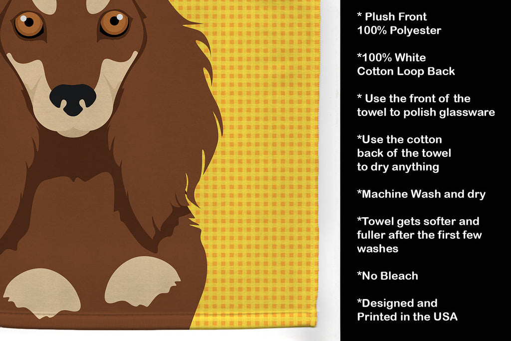 Summer Sunflowers Longhair Chocolate and Cream Dachshund Kitchen Towel Velour Plush Front and Cotton Loop Back Machine Washable
