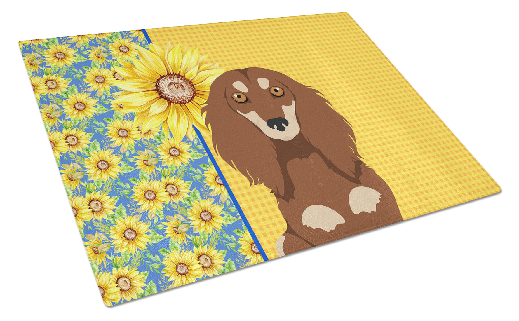Summer Sunflowers Longhair Chocolate and Cream Dachshund Cutting Board Tempered Glass Kitchen Cutting Surface, Heat Resistant Chopping, Non-Slip Feet, Food Prep & Serving