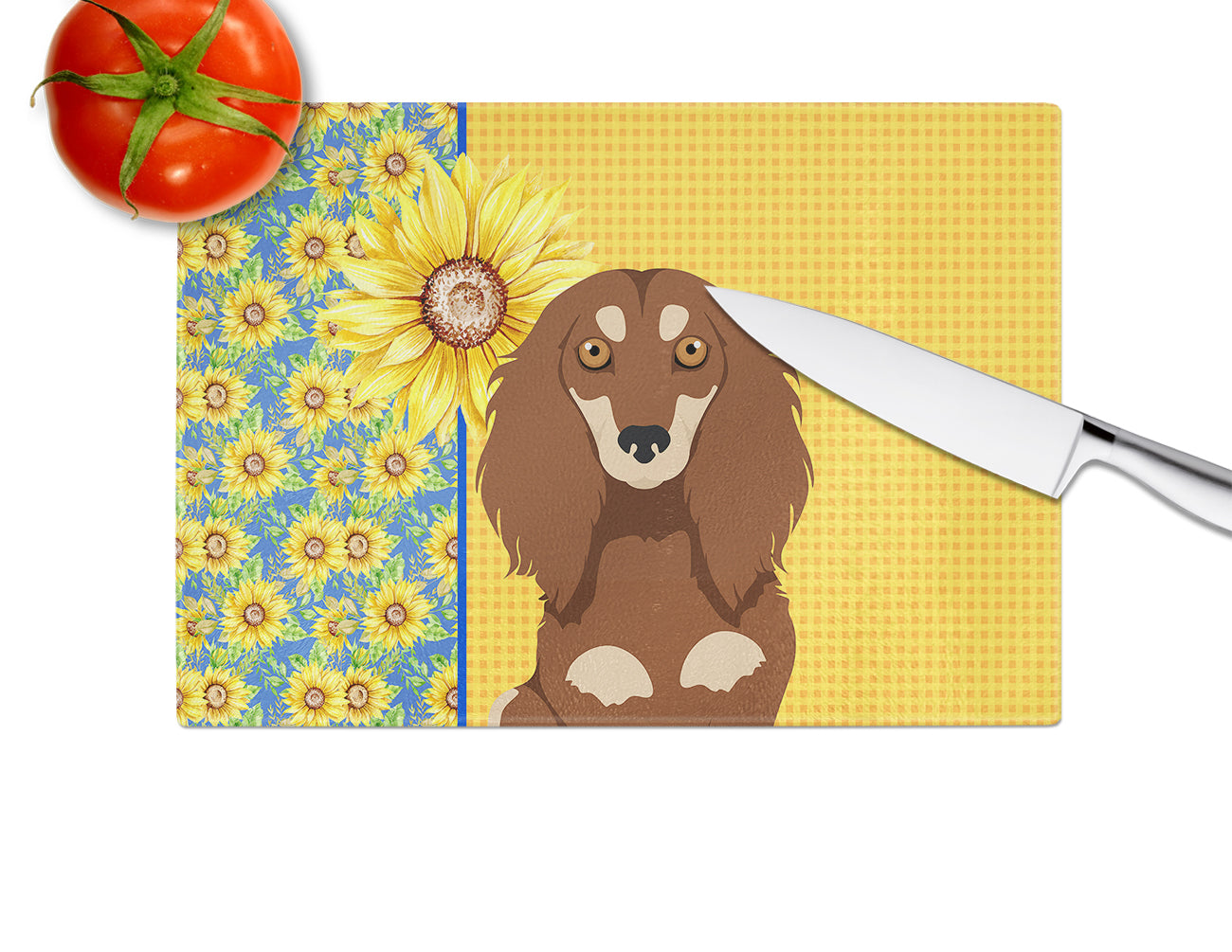 Summer Sunflowers Longhair Chocolate and Cream Dachshund Cutting Board Tempered Glass Kitchen Cutting Surface, Heat Resistant Chopping, Non-Slip Feet, Food Prep & Serving