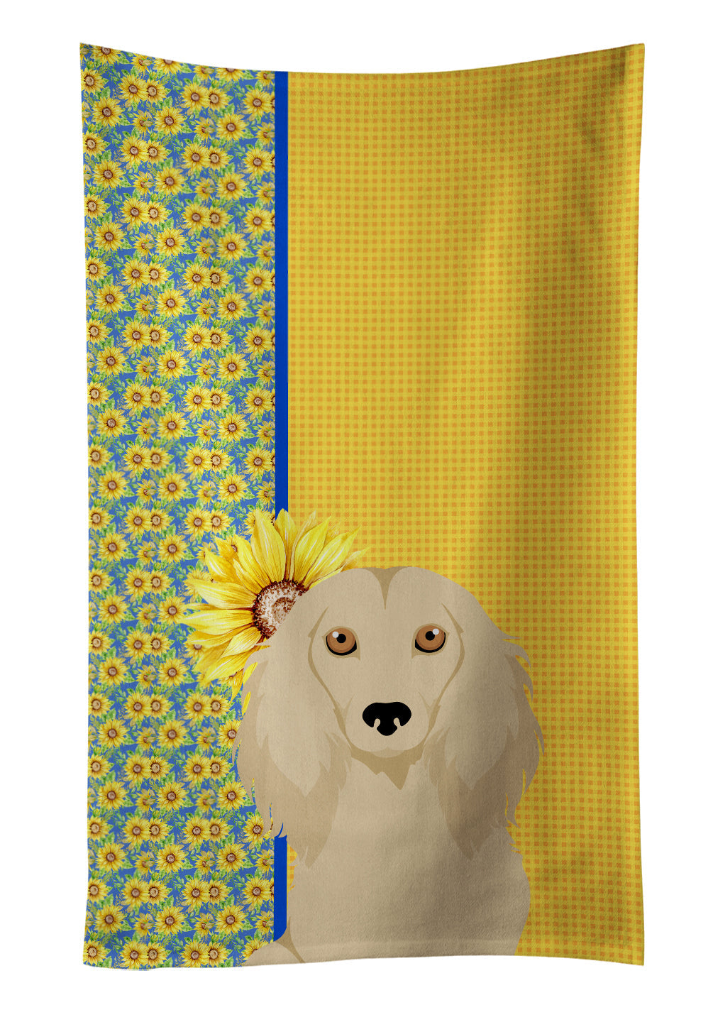 Summer Sunflowers Longhair Cream Dachshund Kitchen Towel Velour Plush Front and Cotton Loop Back Machine Washable
