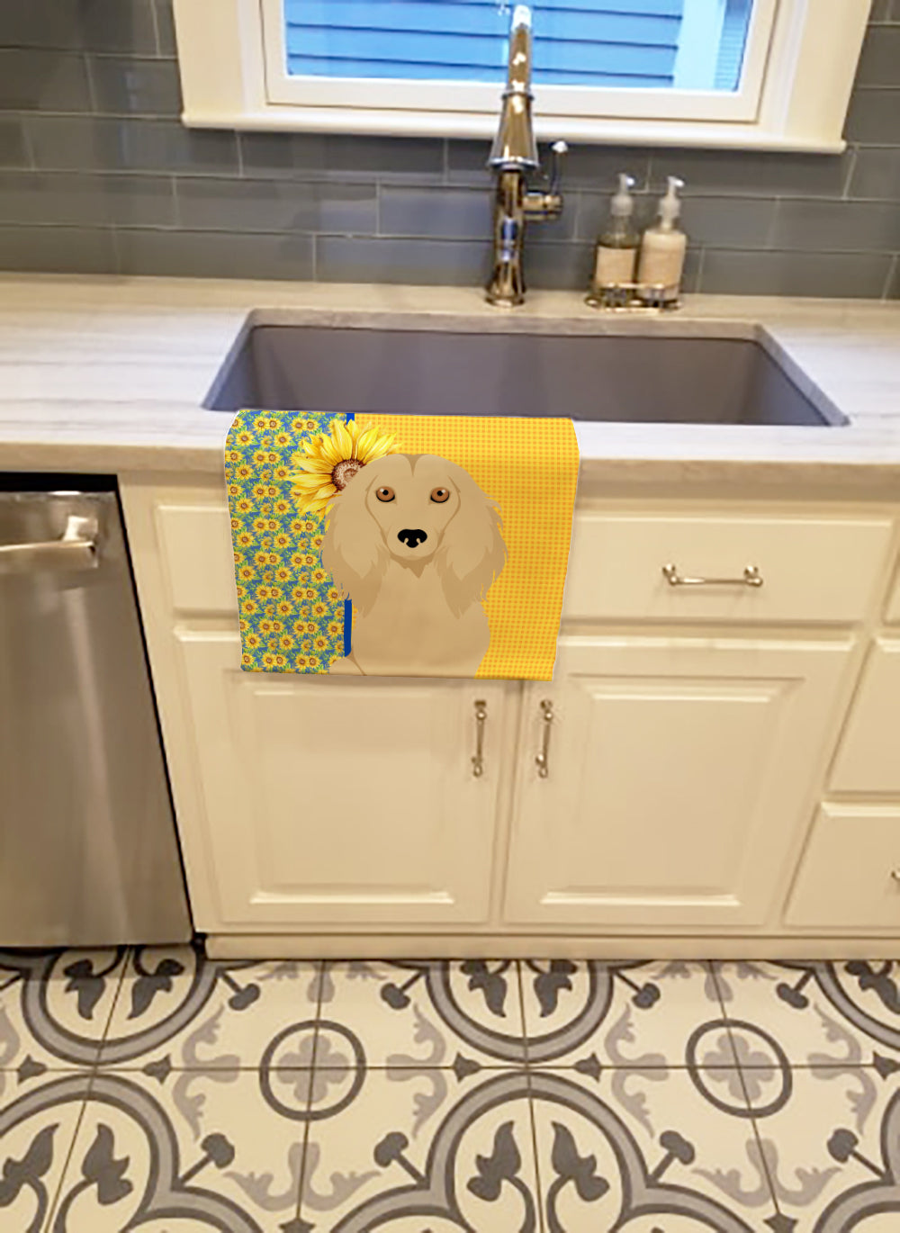 Summer Sunflowers Longhair Cream Dachshund Kitchen Towel Velour Plush Front and Cotton Loop Back Machine Washable