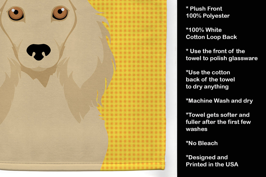 Summer Sunflowers Longhair Cream Dachshund Kitchen Towel Velour Plush Front and Cotton Loop Back Machine Washable