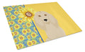 Summer Sunflowers Longhair Cream Dachshund Cutting Board Tempered Glass Kitchen Cutting Surface, Heat Resistant Chopping, Non-Slip Feet, Food Prep & Serving