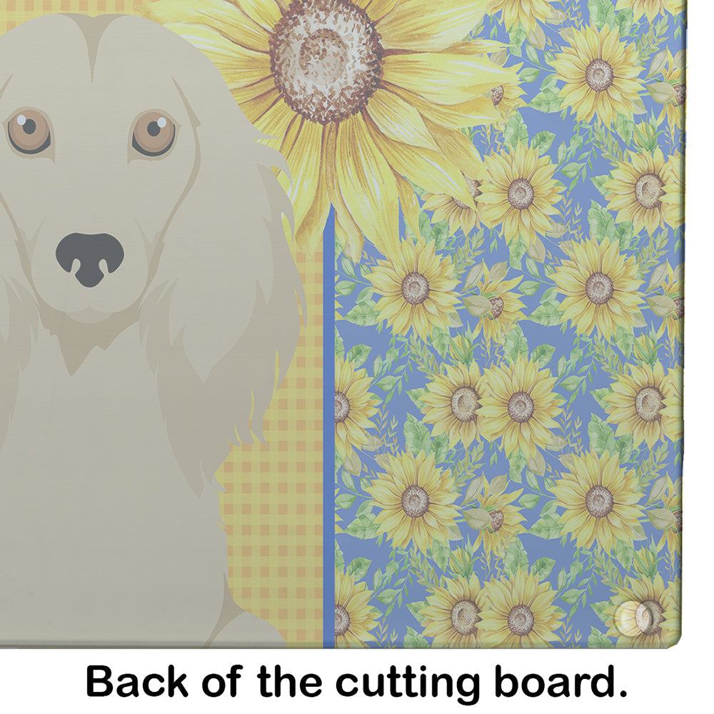 Summer Sunflowers Longhair Cream Dachshund Cutting Board Tempered Glass Kitchen Cutting Surface, Heat Resistant Chopping, Non-Slip Feet, Food Prep & Serving