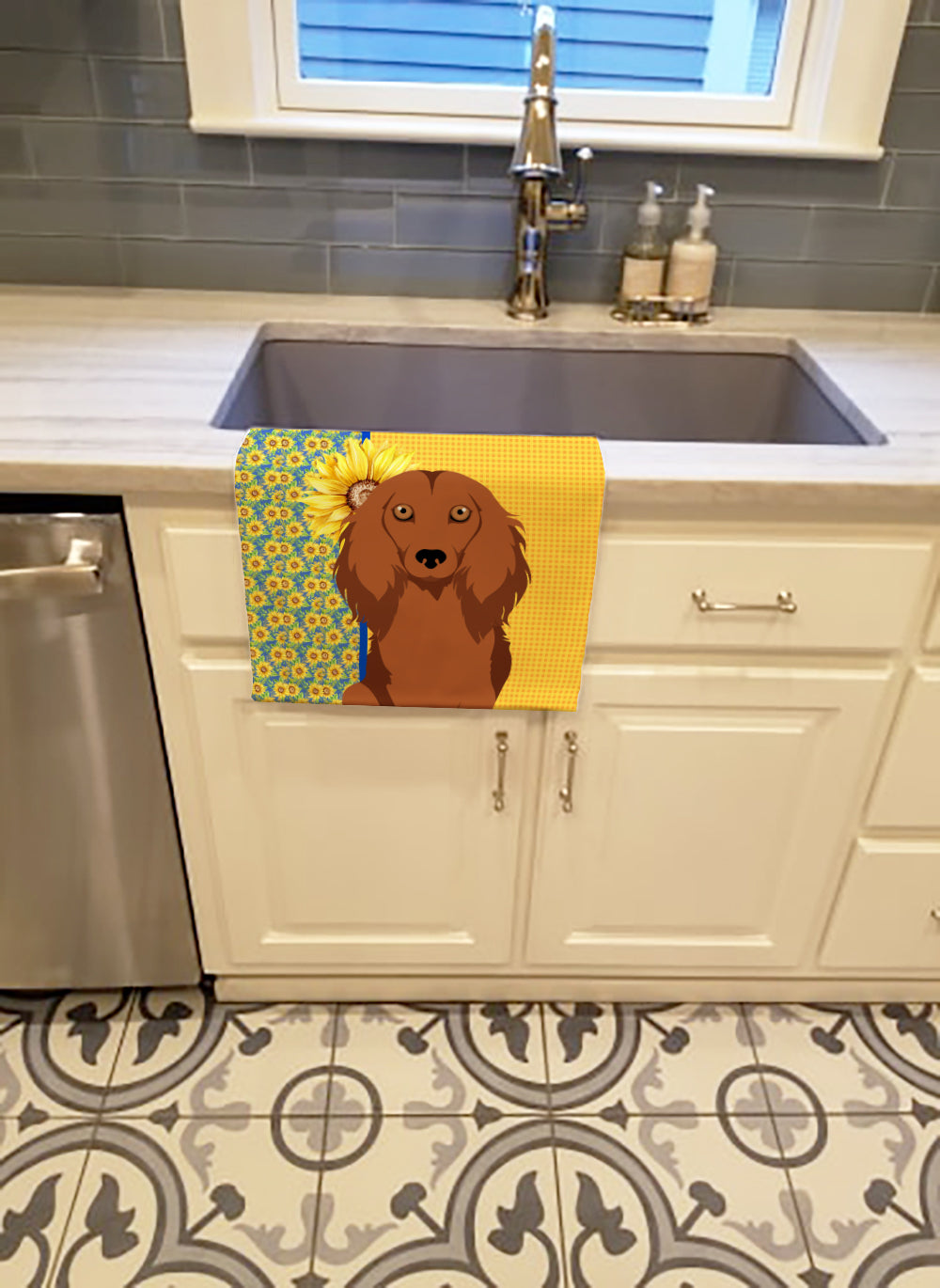 Summer Sunflowers Longhair Red Dachshund Kitchen Towel Velour Plush Front and Cotton Loop Back Machine Washable