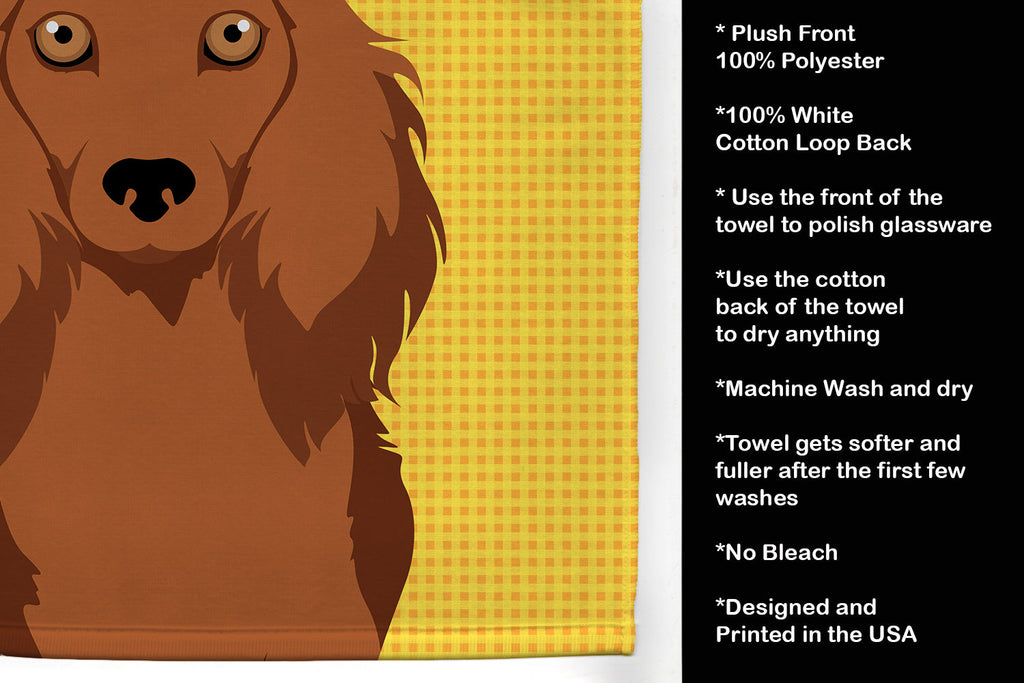 Summer Sunflowers Longhair Red Dachshund Kitchen Towel Velour Plush Front and Cotton Loop Back Machine Washable