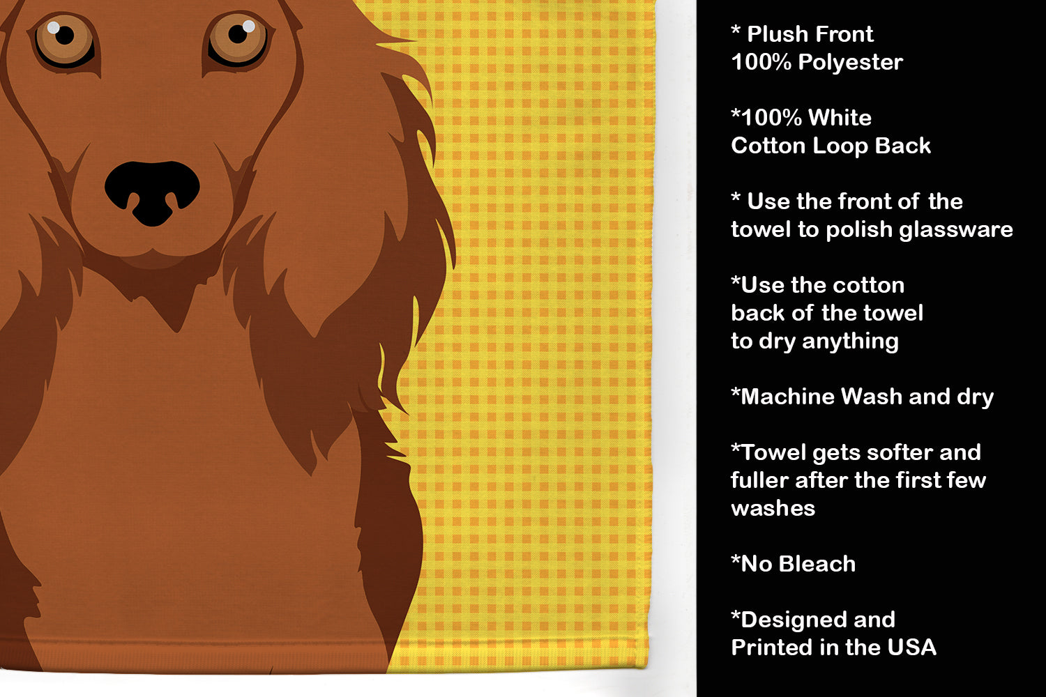 Summer Sunflowers Longhair Red Dachshund Kitchen Towel Velour Plush Front and Cotton Loop Back Machine Washable