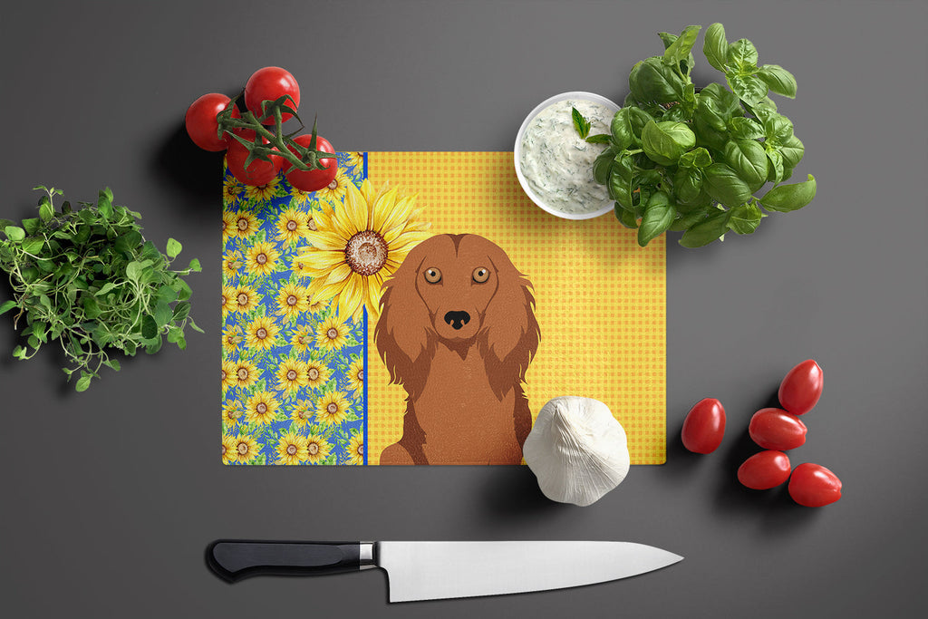 Summer Sunflowers Longhair Red Dachshund Cutting Board Tempered Glass Kitchen Cutting Surface, Heat Resistant Chopping, Non-Slip Feet, Food Prep & Serving