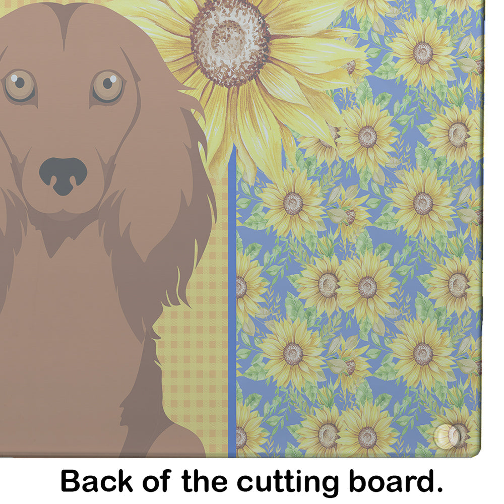 Summer Sunflowers Longhair Red Dachshund Cutting Board Tempered Glass Kitchen Cutting Surface, Heat Resistant Chopping, Non-Slip Feet, Food Prep & Serving