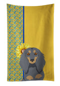 Summer Sunflowers Longhair Blue and Tan Dachshund Kitchen Towel Velour Plush Front and Cotton Loop Back Machine Washable