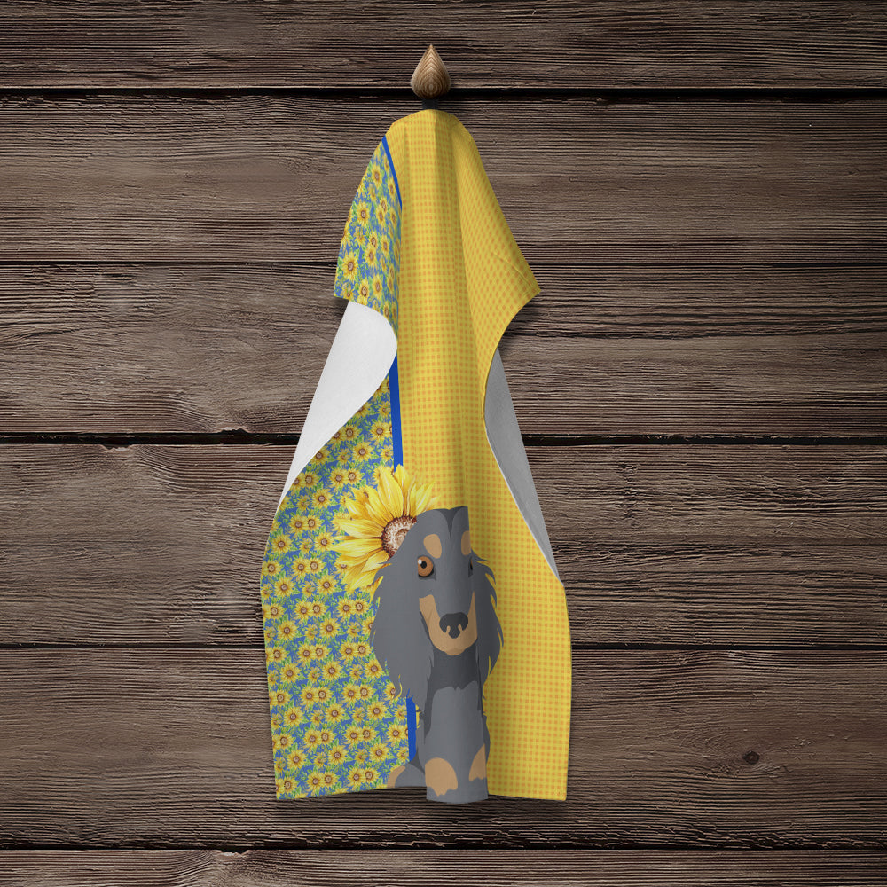 Summer Sunflowers Longhair Blue and Tan Dachshund Kitchen Towel Velour Plush Front and Cotton Loop Back Machine Washable