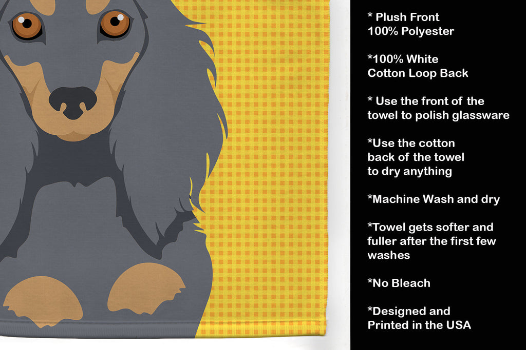 Summer Sunflowers Longhair Blue and Tan Dachshund Kitchen Towel Velour Plush Front and Cotton Loop Back Machine Washable