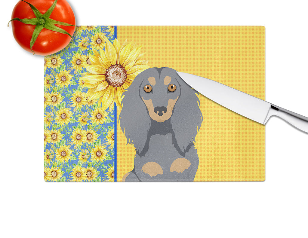 Summer Sunflowers Longhair Blue and Tan Dachshund Cutting Board Tempered Glass Kitchen Cutting Surface, Heat Resistant Chopping, Non-Slip Feet, Food Prep & Serving