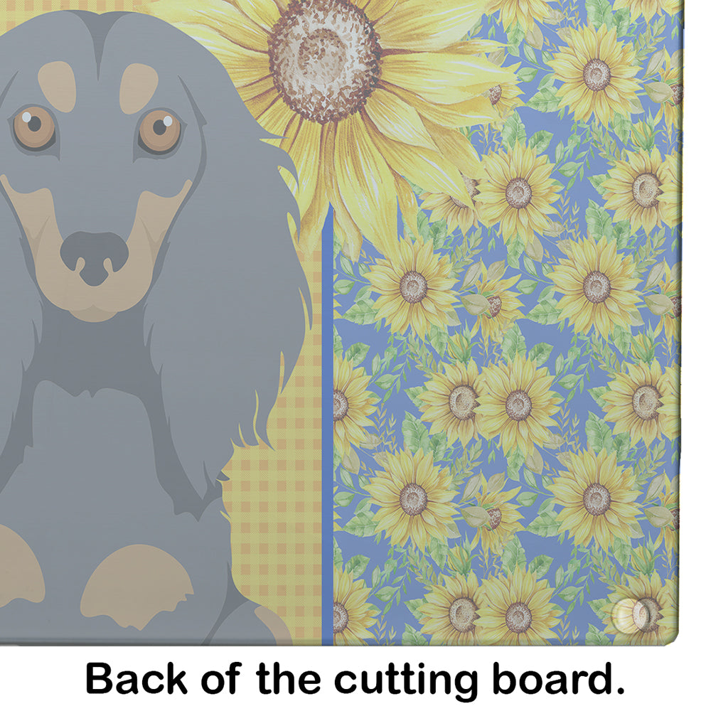 Summer Sunflowers Longhair Blue and Tan Dachshund Cutting Board Tempered Glass Kitchen Cutting Surface, Heat Resistant Chopping, Non-Slip Feet, Food Prep & Serving