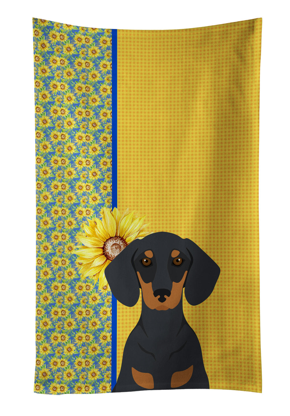 Summer Sunflowers Black and Tan Dachshund Kitchen Towel Velour Plush Front and Cotton Loop Back Machine Washable
