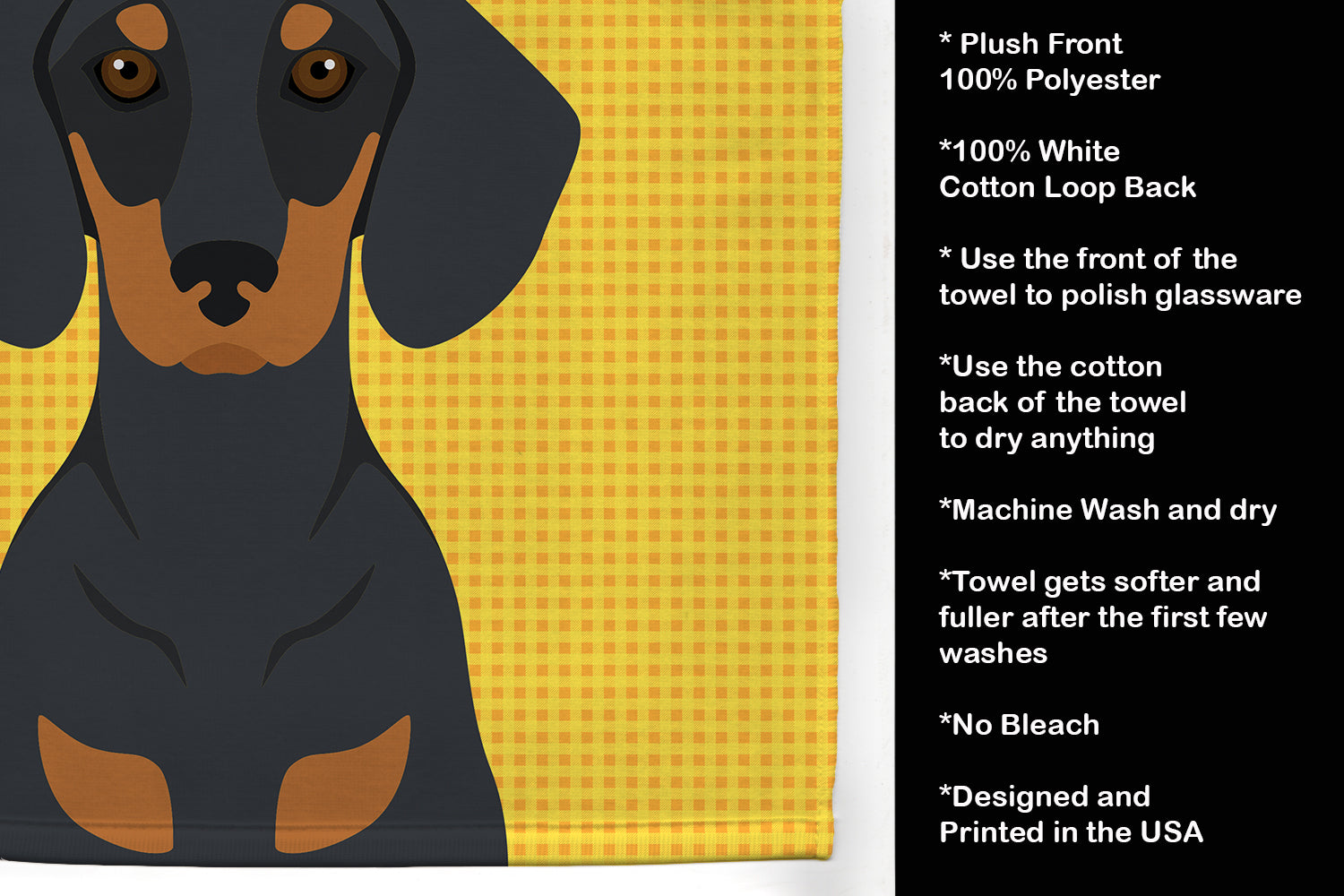 Summer Sunflowers Black and Tan Dachshund Kitchen Towel Velour Plush Front and Cotton Loop Back Machine Washable